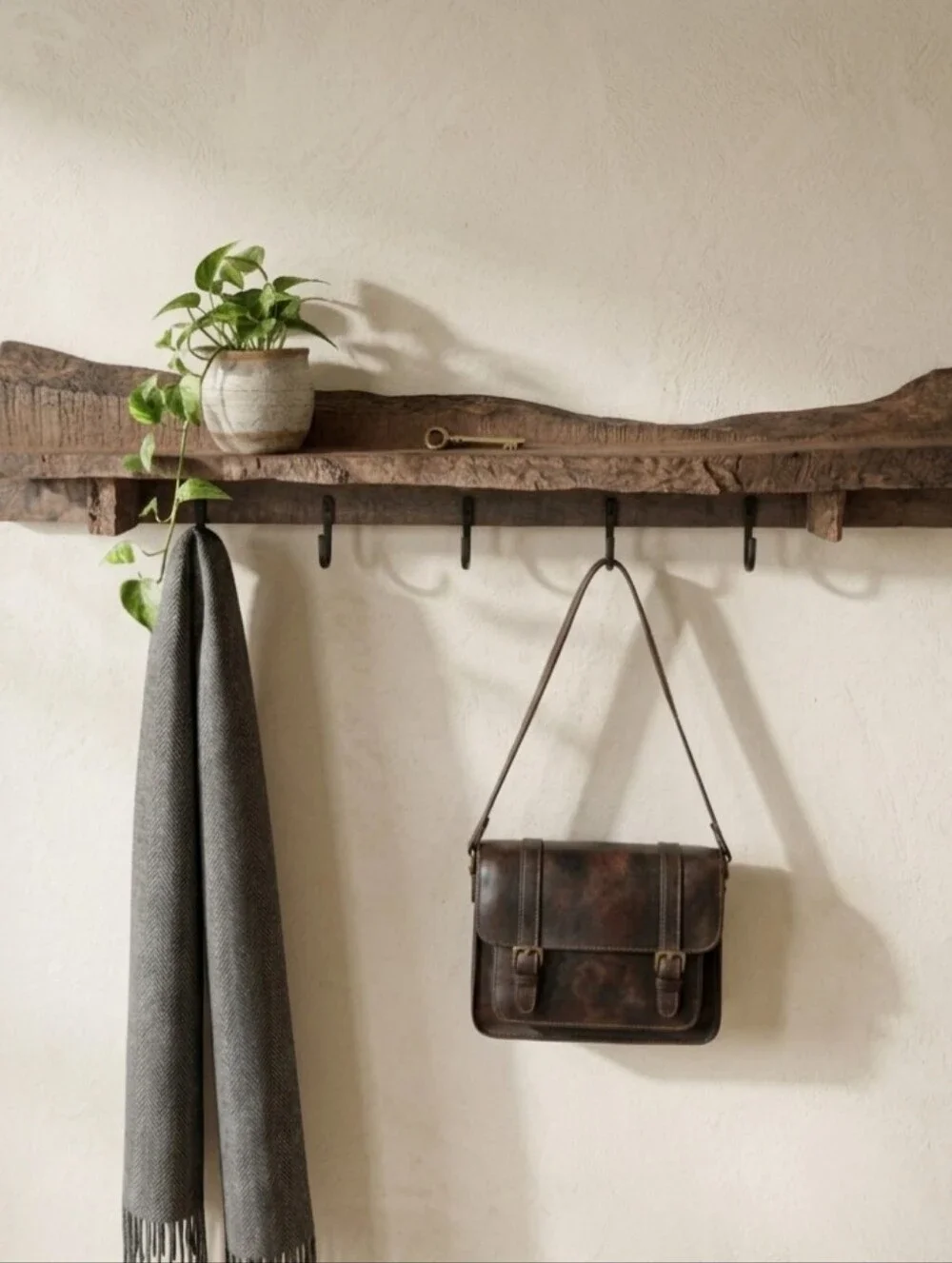 Rustic Live Edge Coat Rack with Top Shelf & Cast Iron Hooks
